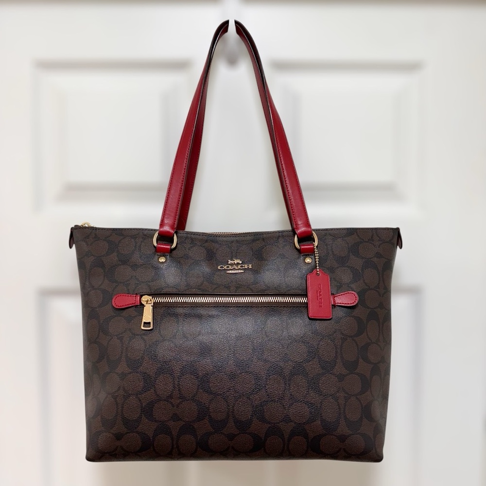 Coach Gallery Tote Signature Canvas Brown Red Shoulder Bag